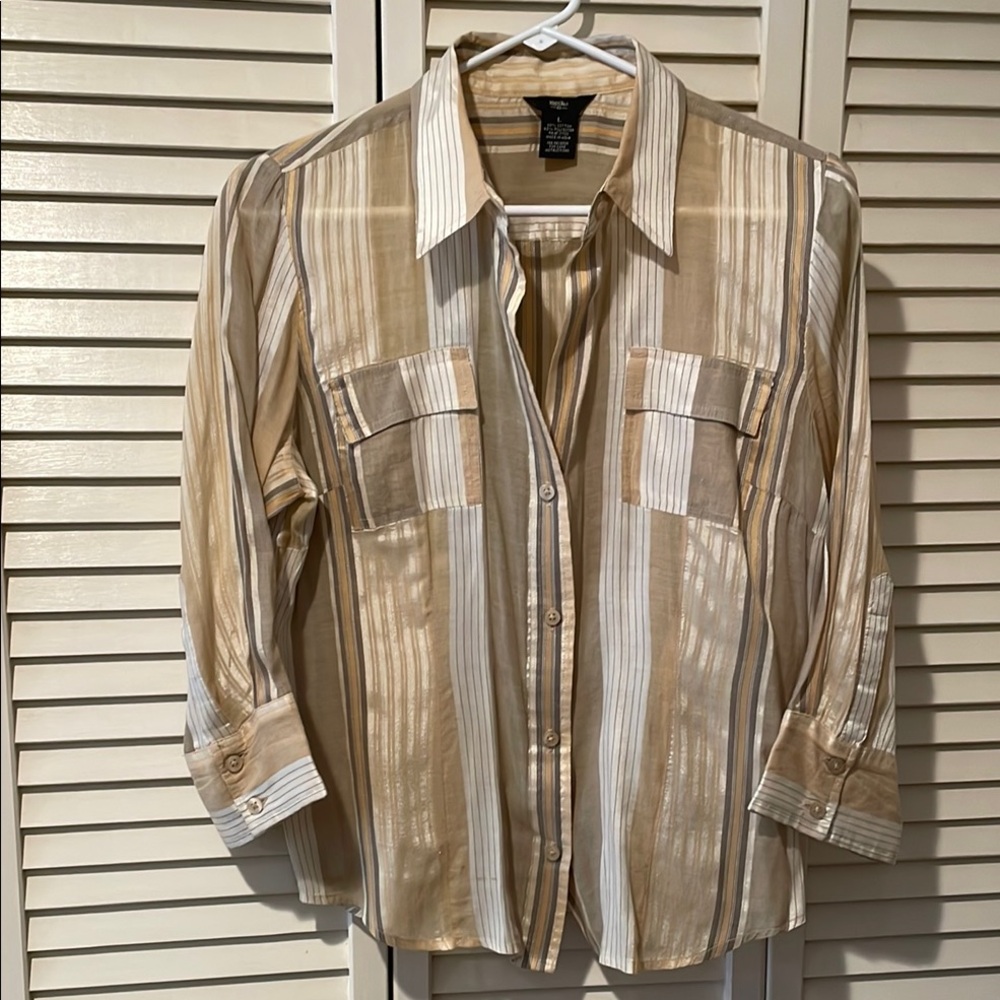 Sheer Gold and Beige Striped Button-Up Blouse